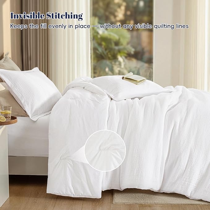 PHF Cotton Muslin Comforter Set Queen – 100% Cotton Cover, Ultra Soft & Breathable, 3PCS Lightweight All-Season Bedding with Polyester Fill, 1 Comforter 90"x90" & 2 Pillow Shams 20"x26", White