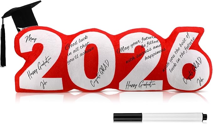 Class of 2026 Autograph Stuffed Pillow 15.7" Graduation Autograph Stuffed Pillow Graduation Guest Signature Gifts Grad Party Sign in Decor for High School College(Red,Classic)