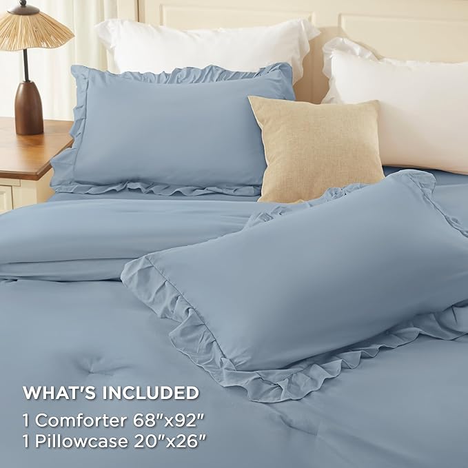 Andency Twin XL Ruffle Comforter Set, 2 Pieces Shabby Chic Farmhouse Bedding Set, Lightweight Soft Comforter Set 68×92In for Girls Women (1 Comforter 1 Pillowcase), Grayish Blue