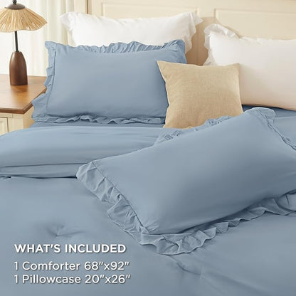 Andency Twin XL Ruffle Comforter Set, 2 Pieces Shabby Chic Farmhouse Bedding Set, Lightweight Soft Comforter Set 68×92In for Girls Women (1 Comforter 1 Pillowcase), Grayish Blue
