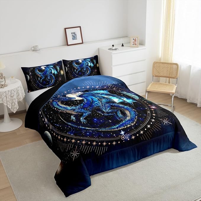 Feelyou Dragon Comforter Set Full Size Comforter for Boys Girls Teens Luxury Bedding Set Dragon Decor Duvet Set Room Decor Blue Black Quilt Set