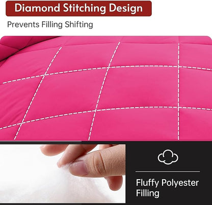 MUXHOMO 7 Pieces King Comforter Set, Reversible Bed in a Bag King Size, All Season Bedding Set with Comforter, Flat Sheet, Fitted Sheet, Pillowcases & Shams, Hot Pink & Baby Pink