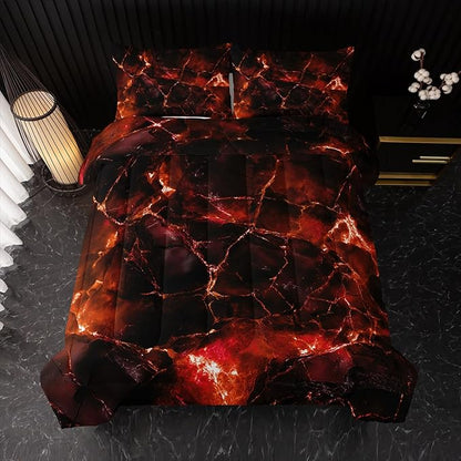 Orange Comforter Set Queen Size，Orange Marble Bedding Set 3 Pcs Bedding for Adults, Marble Room Decor with Comforter and 2 Pillowcases Soft and Lightweight B-Side Black