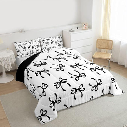 Erosebridal Bowknot Comforter Set Queen Black Watercolor Bow Bedding Set for Kids Teen Adults,Fashion Coquette Bowknot Down Comforter Black White Modern Simple Quilt for All Season