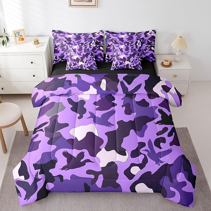 Erosebridal Camouflage 7 Piece Comforter Set Full Size Hunting Bedding for Kids Girls Army Duck Hunter Bed in A Bag Sheet Set Vintage Purple Black Bedroom Decor Wild Animal Duck Rustic Bed Set