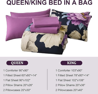 Dobuyly King Size Comforter Set Dark Purple 7 Piece Bed in a Bag, Elegant Floral Comforter Set with Sheets, Soft Microfiber Botanical Flower Bedding Set for All Season
