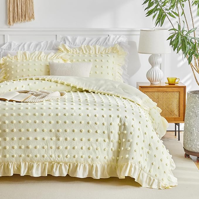 Tufted Dots Ruffle Comforter Set Full/Queen Size, 3 Pieces Yellow Vintage Farmhouse Shabby Chic Comforters, Jacquard Boho Bohemian Bedding Set for All Season (1 Ruffled Comforter+ 2 Pillow Shams)