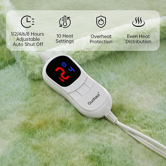 Guohaoi Heated Blanket Electric Throw, Soft Faux Rabbit Fur Electric Blanket with 10 Heating Levels 5 Sitting Timer Auto Off, Dual-Controller Heating Blankets, Machine Washable(84"×90" Light Green)