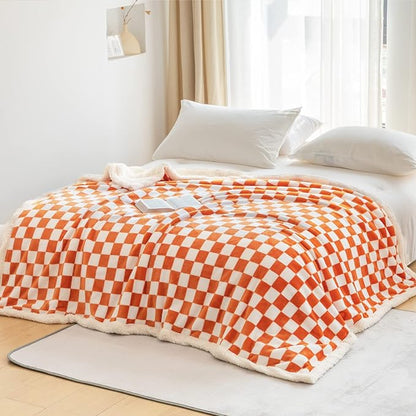 LOMAO Sherpa Throw Blanket Fleece Blanket with Checkered Pattern Soft Thick Blanket for Couch, Bed, Sofa Luxurious Warm and Cozy for All Seasons (Orange, 51"x63")