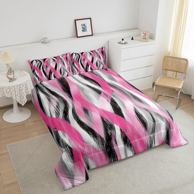 Erosebridal Geometric Striped Comforter Queen Modern Abstract Comforter Set Black Grey Pink Bedding Set for Kids Girls Teen Women Swirl Lines Quilt Duvet Room Decor 3 Pcs