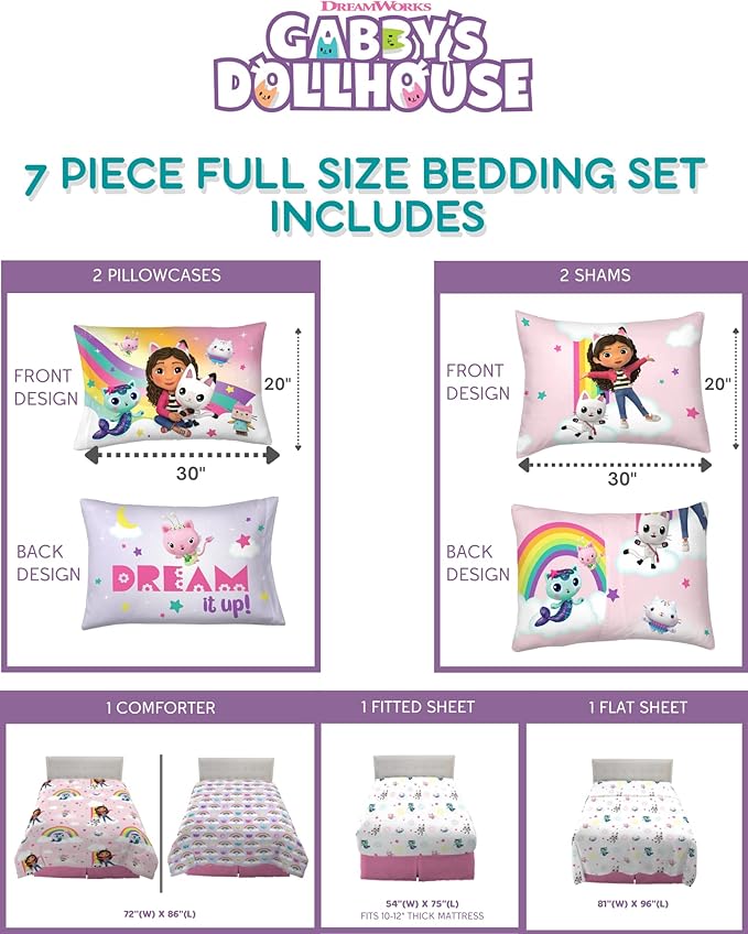 Gabby's Dollhouse Kids Full Size Bedding, 7 Piece Super Soft Cozy Reversible Comforter and Sheet Set with Sham, (Officially Licensed Product) by Franco