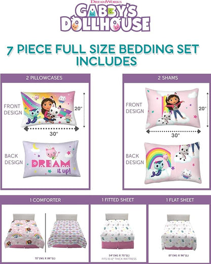 Gabby's Dollhouse Kids Full Size Bedding, 7 Piece Super Soft Cozy Reversible Comforter and Sheet Set with Sham, (Officially Licensed Product) by Franco