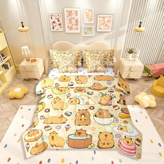 Cute Capybaras 7 Pieces Bedding Set King Size,Funny Rodent Animals Bed in a Bag,Capybara Themed Bed Set Includes Comforter,Sheet Set,Pillowcases & Pillow Covers,Yummy Donut Cakes Bedroom Decor