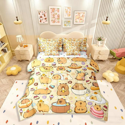 Cute Capybaras 7 Pieces Bedding Set Twin Size,Funny Rodent Animals Bed in a Bag,Capybara Themed Bed Set Includes Comforter,Sheet Set,Pillowcases & Pillow Covers,Yummy Donut Cakes Bedroom Decor