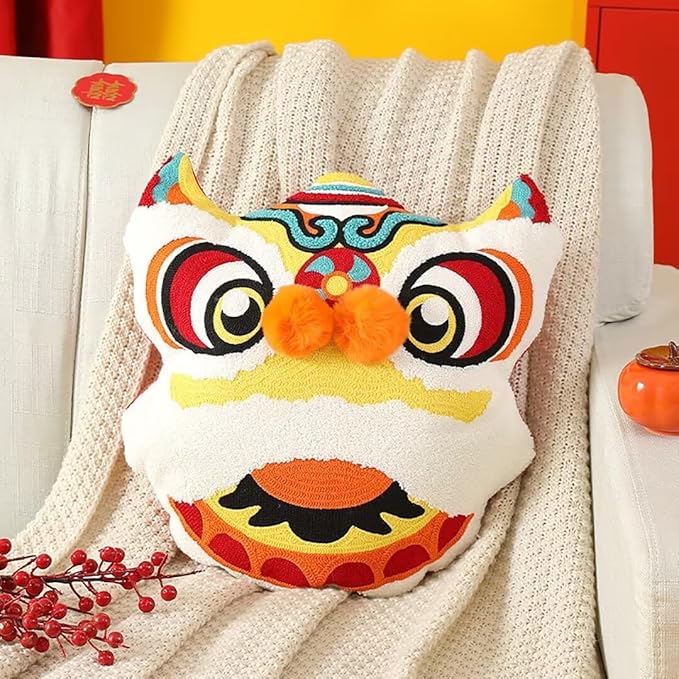 Chinese New Year 2026 Lion Pillow, Red Lion Head Throw Pillows Lion Dance Cushion New Year Decorations Cute Chinese Gifts for Friends(45x48cm)