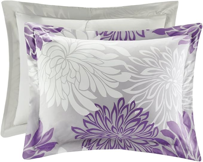 Comfort Spaces Enya Comforter Set-Modern Floral Design All Season Down Alternative Bedding, Matching Shams, Bedskirt, Decorative Pillows, Queen (90"x90"), Purple