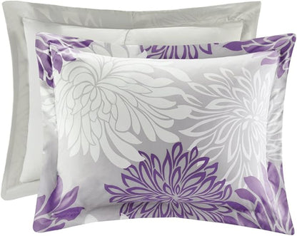 Comfort Spaces Enya Comforter Set-Modern Floral Design All Season Down Alternative Bedding, Matching Shams, Bedskirt, Decorative Pillows, Queen (90"x90"), Purple