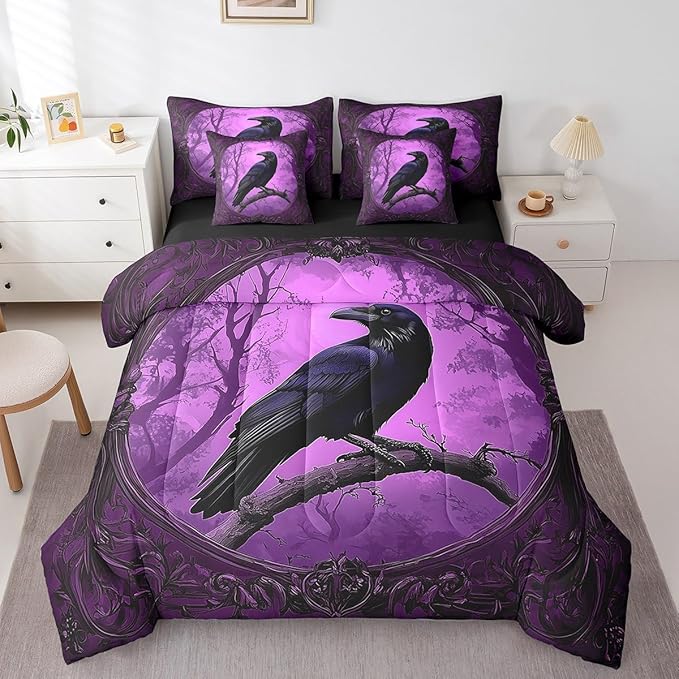 Erosebridal Crow 7 Piece Bedding Set Full Size,Gothic Halloween Bed in a Bag,Horror Theme Bed Set Includes Comforter, Sheet Set, Pillowcases & Pillow Covers All Season Bedroom Decor