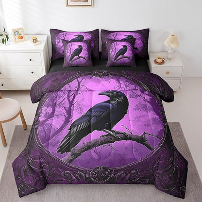 Erosebridal Crow 7 Piece Bedding Set Full Size,Gothic Halloween Bed in a Bag,Horror Theme Bed Set Includes Comforter, Sheet Set, Pillowcases & Pillow Covers All Season Bedroom Decor