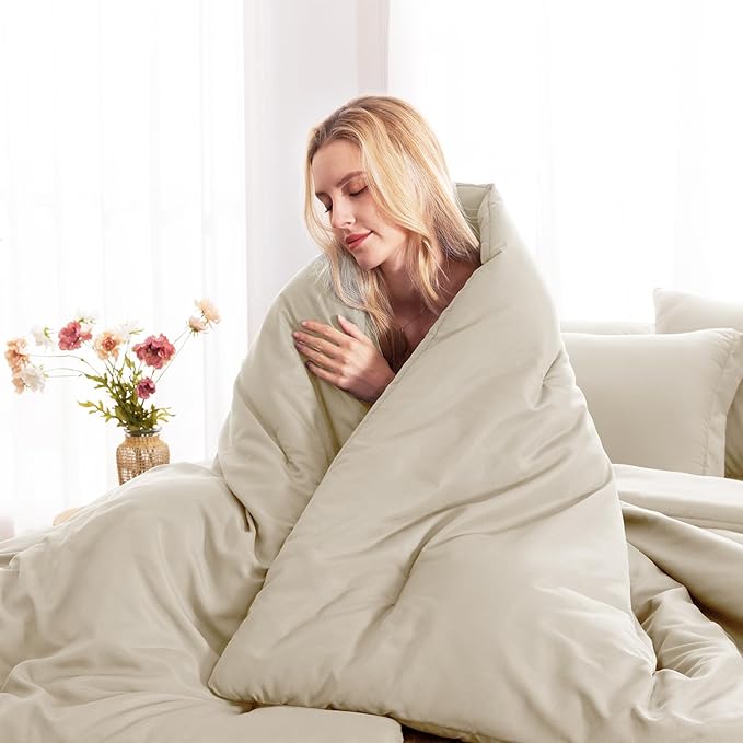 CozyLux King Comforter Set Oatmeal, 7 Pieces Bed in a Bag Soft Bedding Comforter Set with Sheets, All Season Boho 7PC Bed Sets with Comforter, Fitted Sheets, Flat Sheets, Pillow Shams and Pillowcases