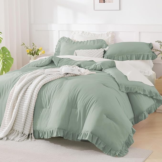 Andency Oversized King Comforter Set 120x98, 3 Pieces Ruffle Shabby Chic Famhouse Bedding Set, All Season Lightweight Fluffy Bed Set for Girls Women, Green