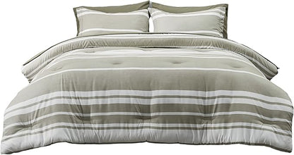 Bedsure Twin Comforter Set 5 Pieces, Olive Green Striped Bedding Set for All Seasons, Reversible, Cationic Dyeing Bed in a Bag with Comforter, Sheets, Pillowcase & Sham