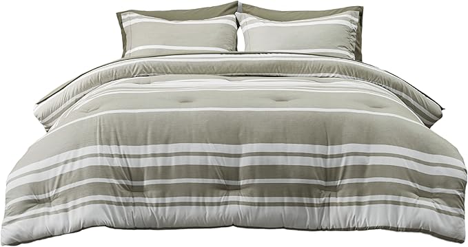 Bedsure Queen Comforter Set 7 Pieces, Olive Green Striped Bedding Set for All Seasons, Reversible, Cationic Dyeing Bed in a Bag with Comforter, Sheets, Pillowcases & Shams