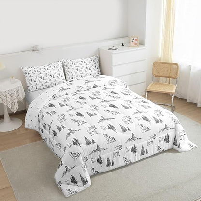 Erosebridal Woodland Animals Comforter Set King Size Bear Deer Wolf Hunting Theme Bedding Set for Kids Child | Rustic Cabin Lodge Decor Duvet Insert Farmhouse Wildlife Mountain Black White Quilt