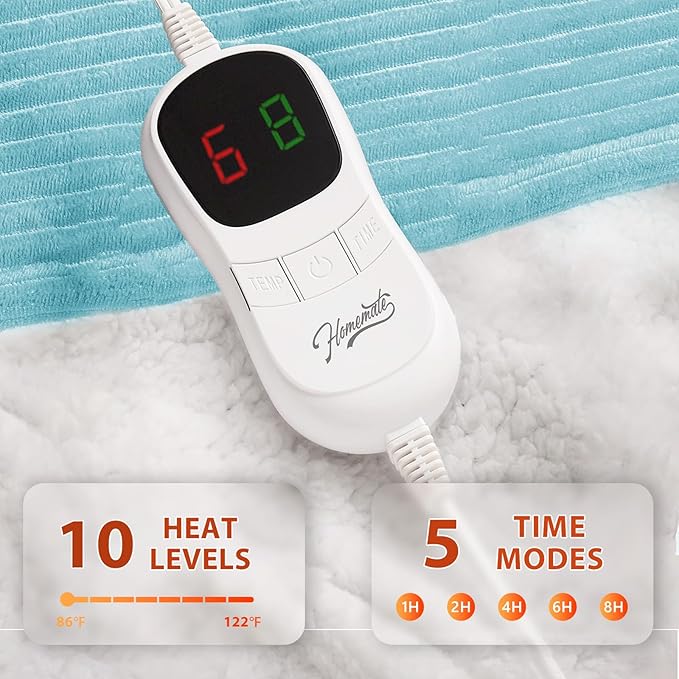 Homemate Electric Heated Blanket Twin Size - 62"x84" Heating Blanket Twin Size 1/2/4/6/8 Hours Auto-Off 10 Heat Level Over-Heat Protection Soft Flannel Sherpa ETL Certification