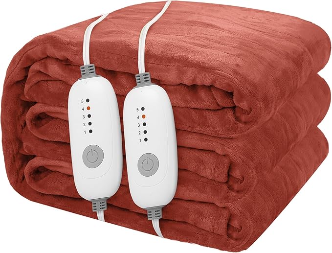 Electric Heated Blanket 84"x90" Queen Size Flannel Heated Blanket, Cozy & Warm for All Night, 5 Heat Settings & 10 Hours Auto Off, Machine Washable, Brick Red