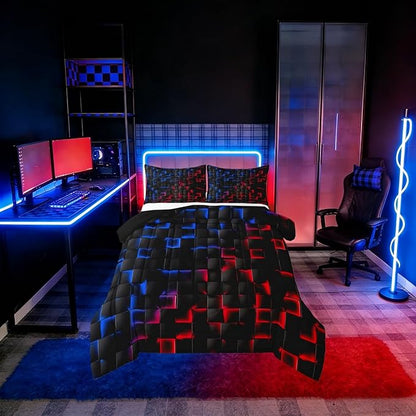 Erosebridal Geometric Checkered Boys Bedding Set Full Size Neon Red Blue Comforter Set for Kids Teen Men Gamer Room Decor,Abstract Ombre Plaid Comforter Grids Quilt Duvet Black