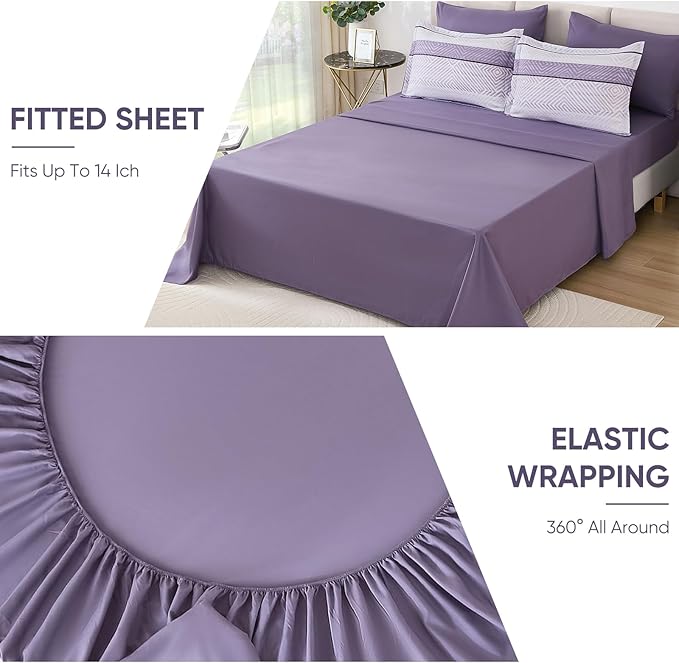 Drucon Purple Comforter Set Queen Size 7 Piece Bed in a Bag, Boho Striped Bedding Set, Soft Microfiber Comforter and Sheet Set for All Season (Queen, 90"x90")