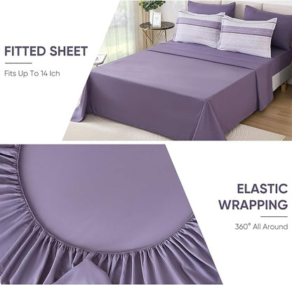 Drucon Purple Comforter Set Queen Size 7 Piece Bed in a Bag, Boho Striped Bedding Set, Soft Microfiber Comforter and Sheet Set for All Season (Queen, 90"x90")