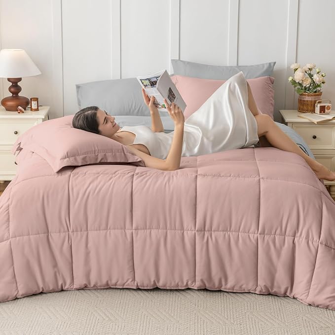 JOLLYVOGUE King Comforter Set, Ultra-Soft Bed in a Bag King Size 7 Pieces, Oeko-TEX Certified Bedding Set with Down Alternative Comforter, Sheets, Pillowcases & Shams, Pink & Light Grey