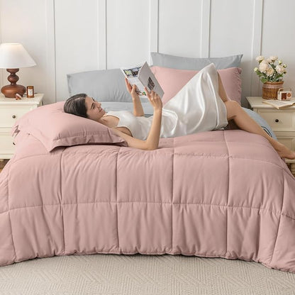 JOLLYVOGUE Full Comforter Set, Ultra-Soft Bed in a Bag Full Size 7 Pieces, Oeko-TEX Certified Bedding Set with Down Alternative Comforter, Sheets, Pillowcases & Shams, Pink & Light Grey