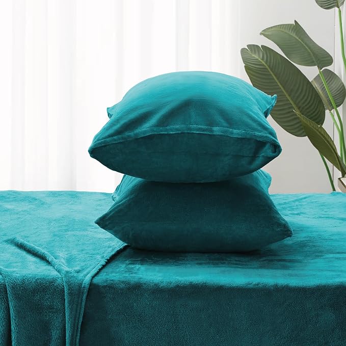 BEDELITE Flannel Sheets Queen Size Teal - Super Soft Fleece Sheets Set Fluffy Extra Plush, 4 Piece(Include Fitted Sheet, Flat Sheet, 2 Pillowcases)