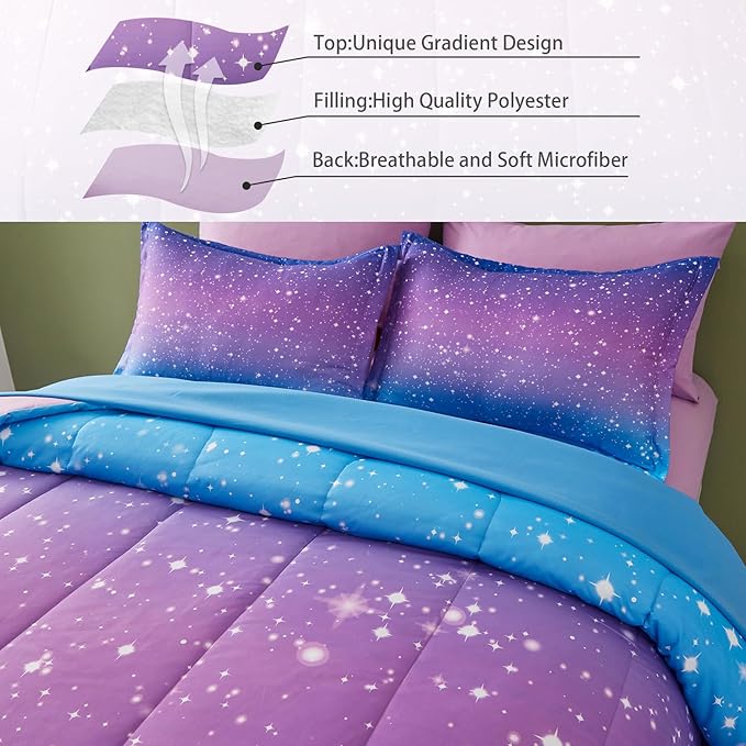 Drucon Girls Comforter Set Queen Size 7 Pieces Bed in A Bag Ombre Blue Purple Rainbow Bedding Set for Kids & Women (1 Comforter, 1 Flat Sheet, 1 Fitted Sheet, 2 Pillow Shams, 2 Pillowcases)