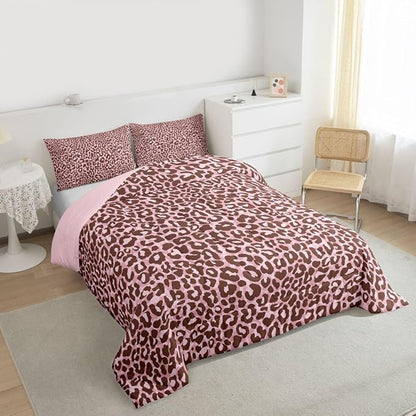 Erosebridal Brown Pink Leopard Comforter for Kids Boys Girls,Wild Animal Skin Toddler Bedding Set,Cheetah Print Duvet Insert,Retro Farmhouse Quilt Bedroom Decor