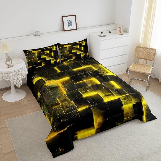 Black Yellow Abstract Comforter King Gradient Square King Bedding Set Grid Down Comforter Neon Checkered Bed Set Glowing Plaid Quilted Duvet 3D Modern Bedroom Decor 3pcs (Black Reversible)