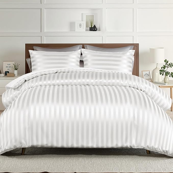 Whale Flotilla 2-Piece Reversible Silky Soft Twin Size Comforter Set, Luxury Stripe Satin Comforter Bedding Set with Satin Pillowcase, Lightweight Duvet for All Seasons, White