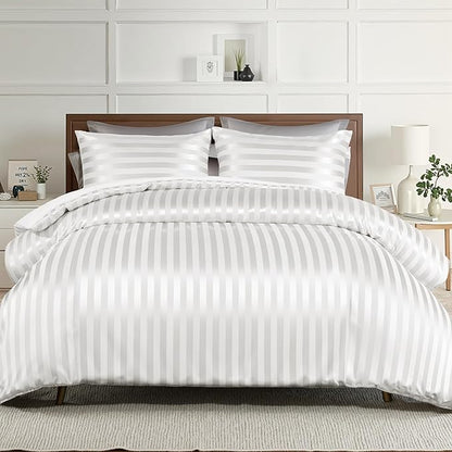 Whale Flotilla 2-Piece Reversible Silky Soft Twin Size Comforter Set, Luxury Stripe Satin Comforter Bedding Set with Satin Pillowcase, Lightweight Duvet for All Seasons, White