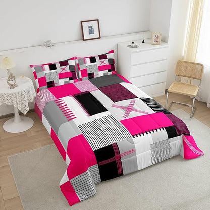 Erosebridal Hot Pink Grey Comforter Set King Black White Abstract Bedding Set for Kids Girls Teen Women Geometric Square Quilt Grids Checkered Duvet Insert Modern Fashion Room Decor 3 Pcs