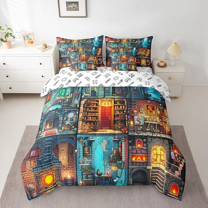 Sandbox Games 7Pcs Comforter Set Full Size,Pixelated Miner Theme Bedding Sets for Kids Boys Teens Room Decor,Block Patchwork City View Fitted Flat Sheet Building Gamer 2 Throw Pillow,2 Pillowcases