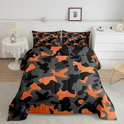 Erosebridal Hunting Duvet Insert Full Size Camouflage Bedding for Kids Army Wild Duck Bedding Comforter Sets Vintage Orange Grey Mallard Duck Bedroom Decor Wild Animal Duck Rustic Comforter Set