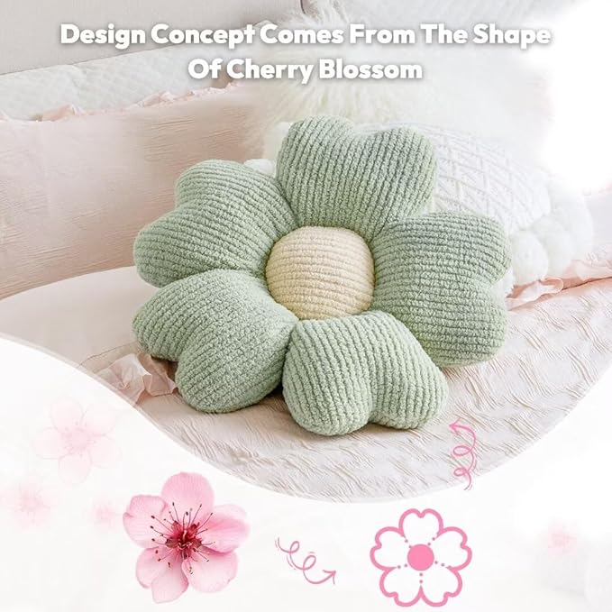 Sioloc Daisy Flower Pillow - Green Decorative Throw Pillow for Bed, Cute Flower Shaped Floor Cushion for Chair, Couch & Room Decor (15.7 Inch)