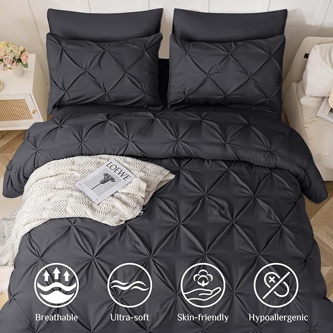 JOLLYVOGUE Twin Comforter Set 5 Pieces - Bed in a Bag Twin for All Season, Pintuck Bedding Comforter Sets with Comforter, Flat Sheet, Fitted Sheet and Pillowcases & Shams, Dark Grey