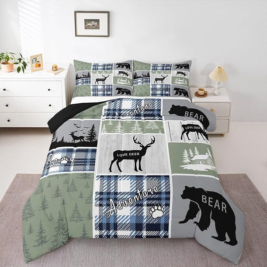 Rustic Cabin Comforter Set, Hunting Bear Deer Bedding Sets King, Forest Animal Wildlife Duvet Insert Cabin Decorations For Home, Country Farmhouse Plaid Grid Claw Down Comforter With 2 Pillow Cases