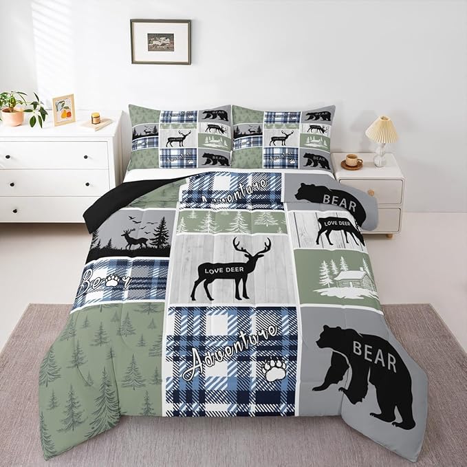 Rustic Cabin Comforter Set, Hunting Bear Deer Bedding Sets Queen, Forest Animal Wildlife Duvet Insert Cabin Decorations For Home, Country Farmhouse Plaid Grid Claw Down Comforter With 2 Pillow Cases
