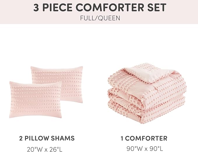 Comfort Spaces Cotton Comforter Set Jacquard Pom-Pom Tufts Design, Down Alternative, All Season Modern Bedding, Matching Shams, Full/Queen, Phillips, Blush