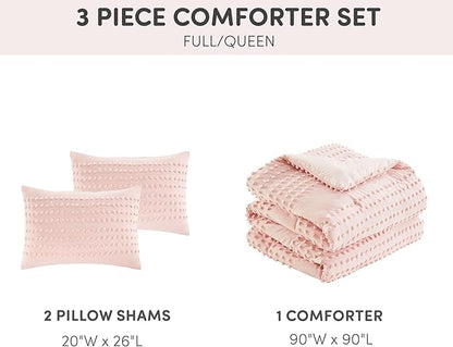Comfort Spaces Cotton Comforter Set Jacquard Pom-Pom Tufts Design, Down Alternative, All Season Modern Bedding, Matching Shams, Full/Queen, Phillips, Blush